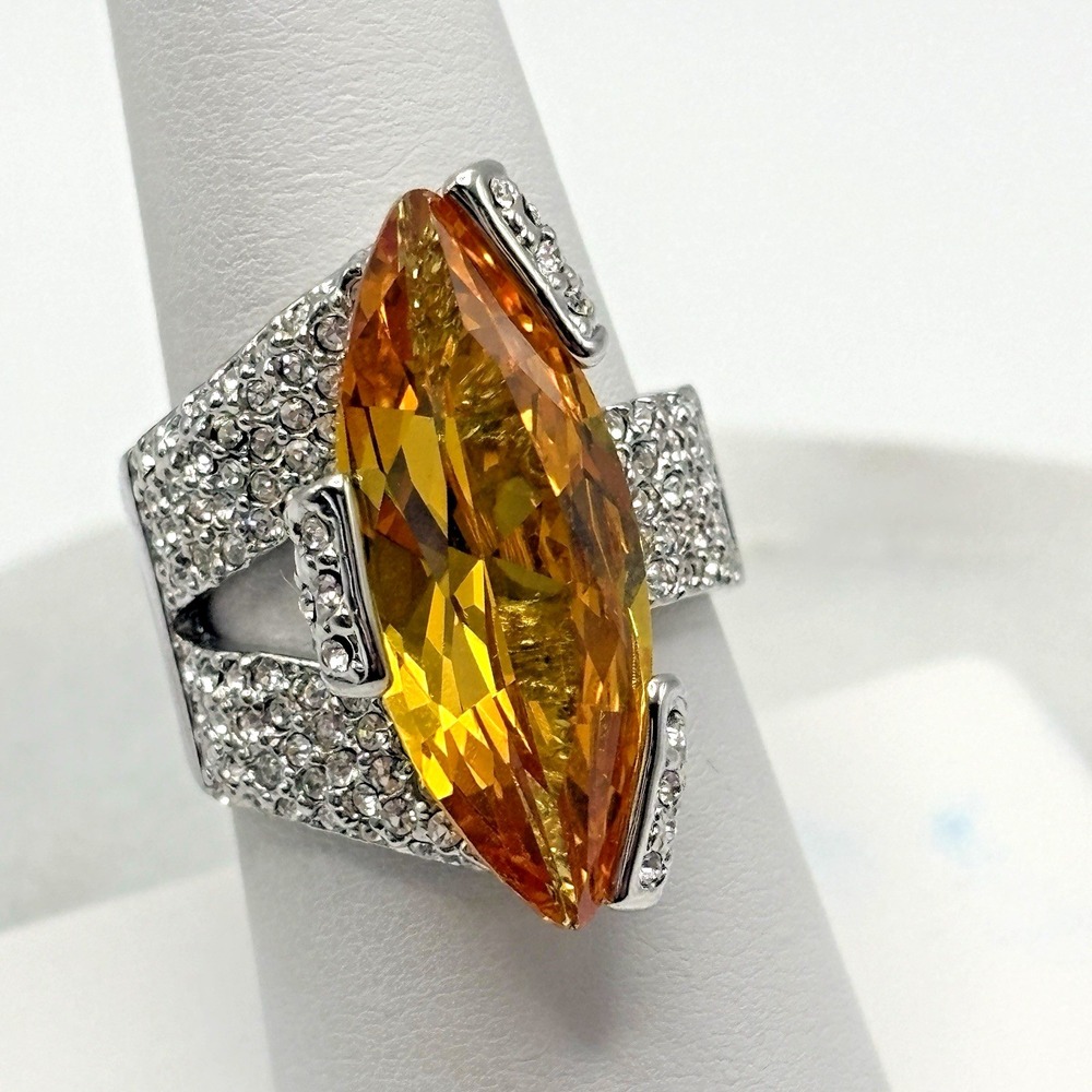 Rhodium Plated Cocktail Ring 8 Yellow Marquise Gift NWOT Camille Lucie